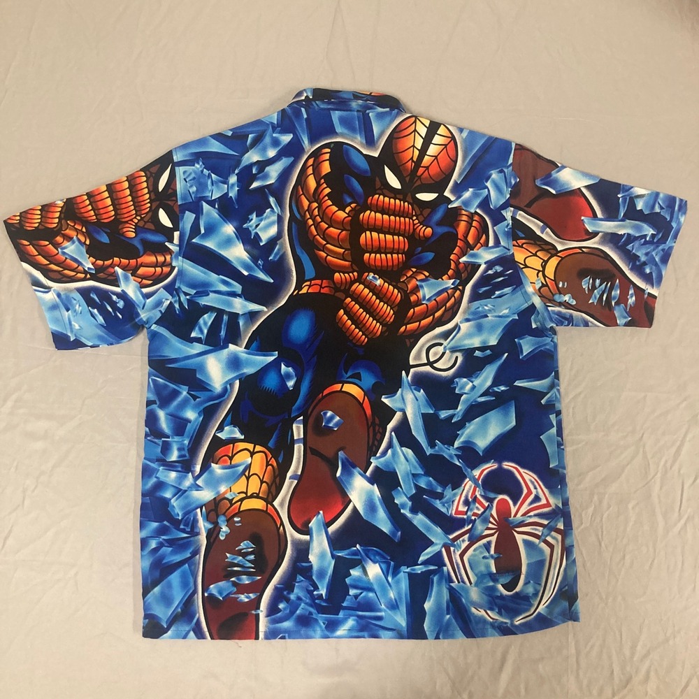 Vintage 2001 Marvel Comics Spider-Man Button Down Shirt XL Blue Shattered Glass - Picture 11 of 13